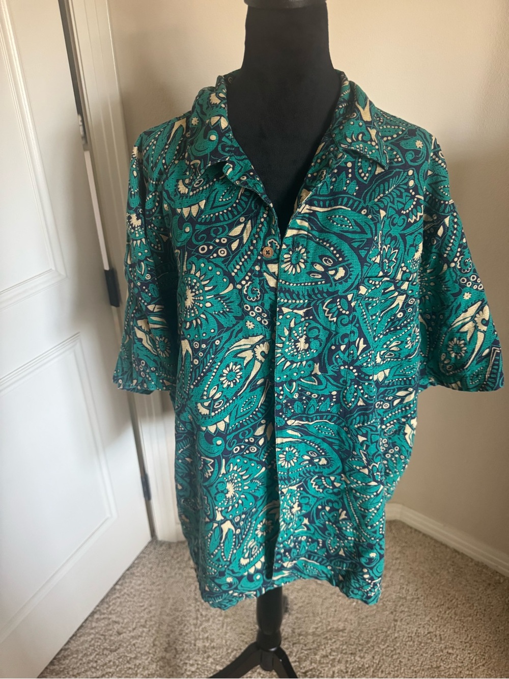 Vintage Patagonia Pataloha Teal Paisley Short Sleeve Button-Up Shirt Y2K Size XL